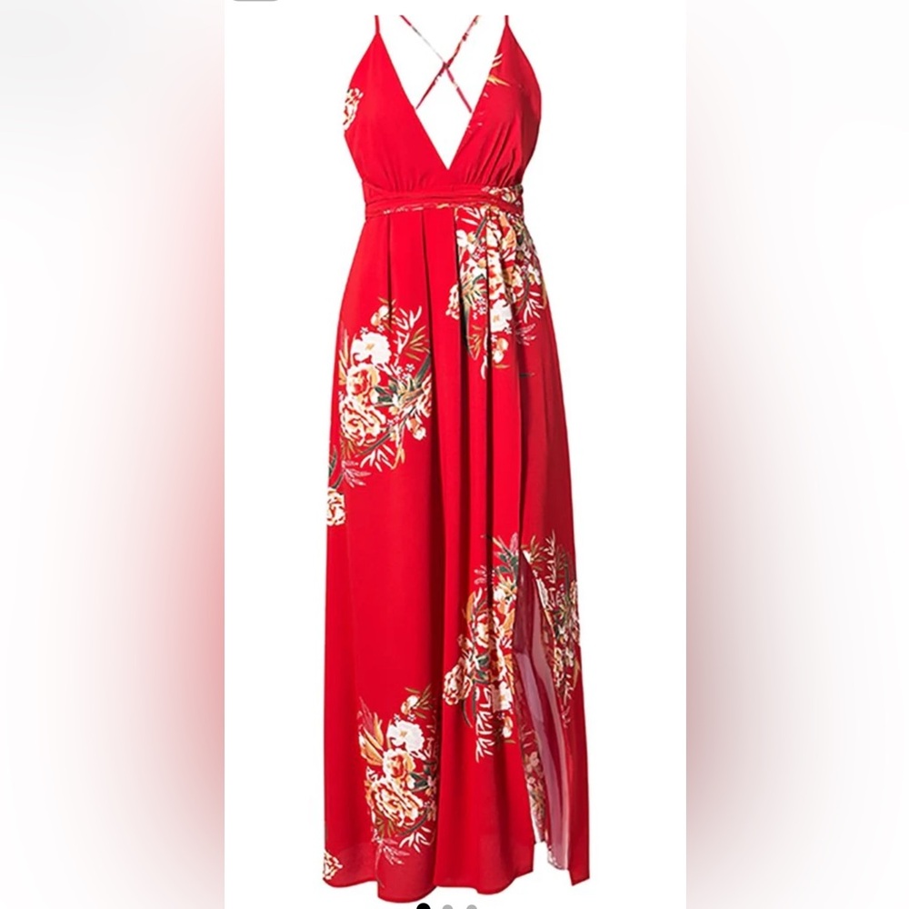 TROPICAL FLORAL SLEEVELESS SPAGHETTI STRAP V NECK X BACK SLIT  MAXI DRESS SZ M